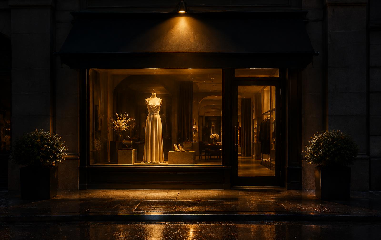 A storefront illuminated by a single golden spotlight